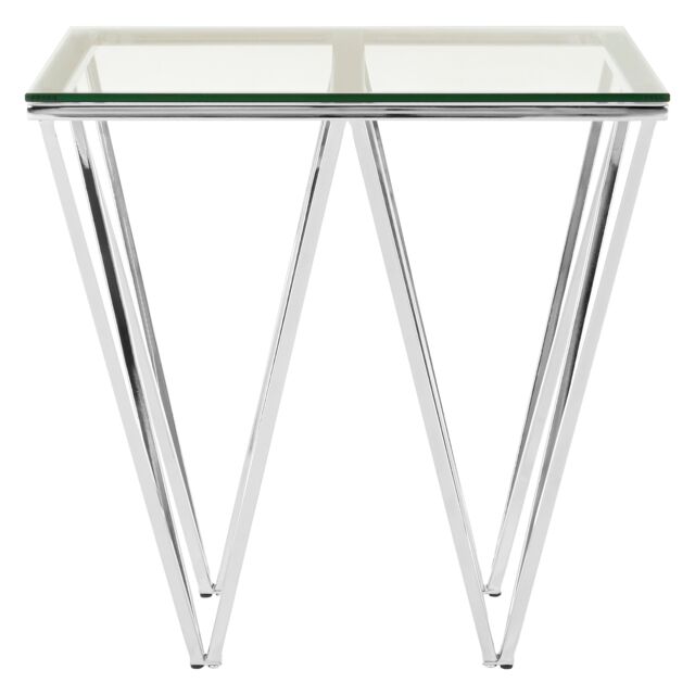 Orsina Chrome End Table with Triangular Base, Clear Tempered Glass Top Settee Side Table, Metal Design Side Table in Silver - image 1