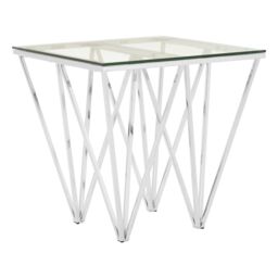 Orsina Chrome End Table with Triangular Base, Clear Tempered Glass Top Settee Side Table, Metal Design Side Table in Silver - thumbnail 2