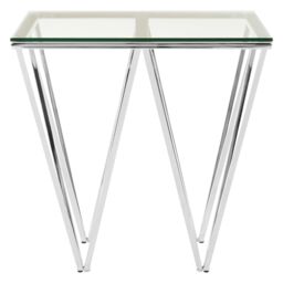 Orsina Chrome End Table with Triangular Base, Clear Tempered Glass Top Settee Side Table, Metal Design Side Table in Silver