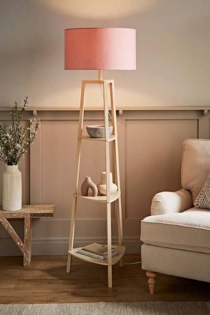 ValueLights Hiru Painted Cream 3 Tier Wooden Shelf Floor Lamp with Drum Lamp Shade in Pale Pink - image 1