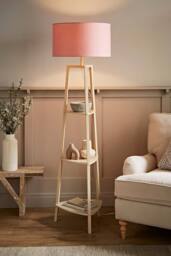 ValueLights Hiru Painted Cream 3 Tier Wooden Shelf Floor Lamp with Drum Lamp Shade in Pale Pink