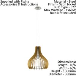 Loops Pendant Ceiling Light Colour Satin Nickel Shade Maple Wood Bulb E27 1x60W in Metallics - thumbnail 2