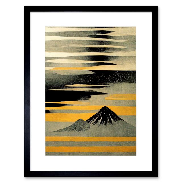 "Artery8 Wall Art Print Modern Simple Mount Fuji Painting in Silver Grey Black Gold Artwork Framed 9X7 Inch - Size: W7"" x H9""" - image 1