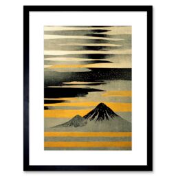 "Artery8 Wall Art Print Modern Simple Mount Fuji Painting in Silver Grey Black Gold Artwork Framed 9X7 Inch - Size: W7"" x H9""" - thumbnail 1