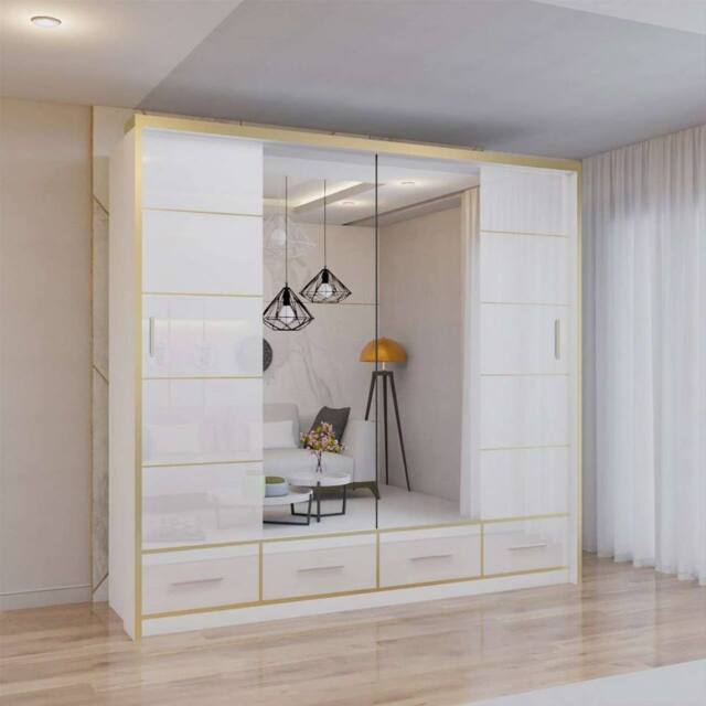 Sliding Wardrobes 4U Modern High Gloss Sliding Wardrobe with LED Light W203 x H220cm in White