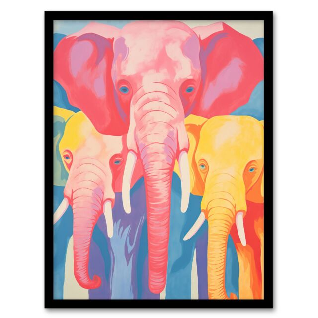 Artery8 Wall Art Print Pink Elephant & Family Red Yellow Blue Soft Pastel Screen Art Framed in Black - Size: A4 - image 1