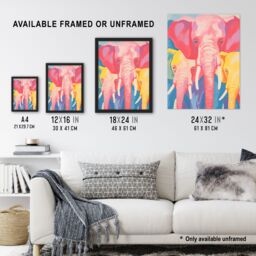 Artery8 Wall Art Print Pink Elephant & Family Red Yellow Blue Soft Pastel Screen Art Framed in Black - Size: A4 - thumbnail 3