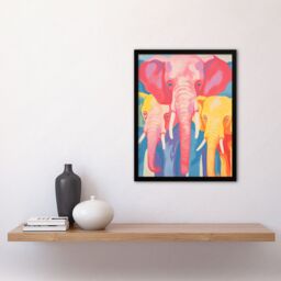 Artery8 Wall Art Print Pink Elephant & Family Red Yellow Blue Soft Pastel Screen Art Framed in Black - Size: A4 - thumbnail 4