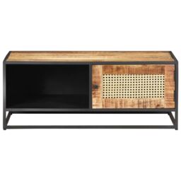 Berkfield Home Coffee Table 90x50x35 cm Rough Mango Wood & Natural Cane in Brown - Size: 90 x 50 x 35 cm - thumbnail 3