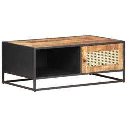 Berkfield Home Coffee Table 90x50x35 cm Rough Mango Wood & Natural Cane in Brown - Size: 90 x 50 x 35 cm - thumbnail 1