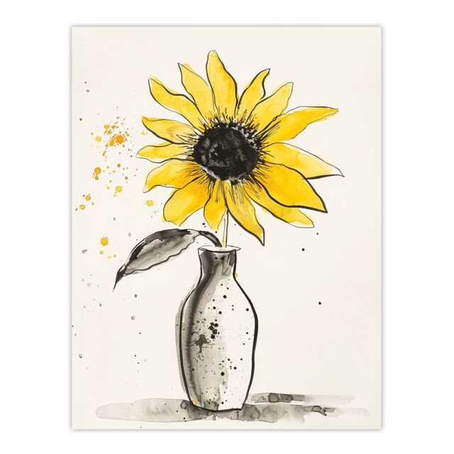 "Artery8 Single Sunflower in Vase Yellow Grey Watercolour Wall Art Print - Size: W24"" x H32""" - image 1