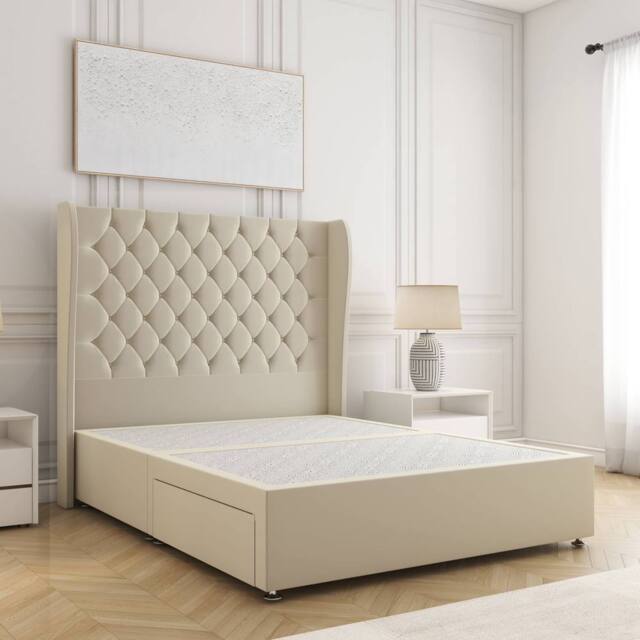 "BSSPOKE Amelia Divan Bed Set Plush Velvet 54""Headboard No Drawers No Mattress in Cream - Size: Double" - image 1