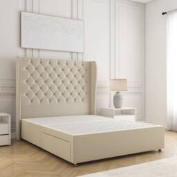 "BSSPOKE Amelia Divan Bed Set Plush Velvet 54""Headboard No Drawers No Mattress in Cream - Size: Double"