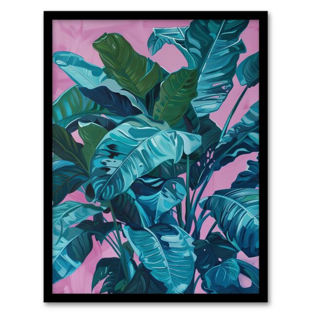Artery8 Tropical Plant Lover Pink Teal Blue Painting Framed Art Print - Size: A4 - image 1