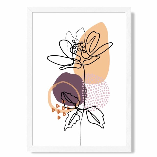 ARTZE Peony Floral Line Art with Boho Purple & Orange Shapes Framed Print SIZE: A4 with White Frame in Mid Blue - image 1