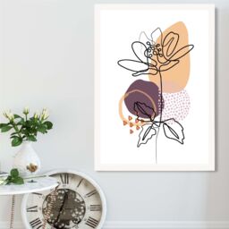 ARTZE Peony Floral Line Art with Boho Purple & Orange Shapes Framed Print SIZE: A4 with White Frame in Mid Blue - thumbnail 2