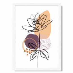 ARTZE Peony Floral Line Art with Boho Purple & Orange Shapes Framed Print SIZE: A4 with White Frame in Mid Blue - thumbnail 1