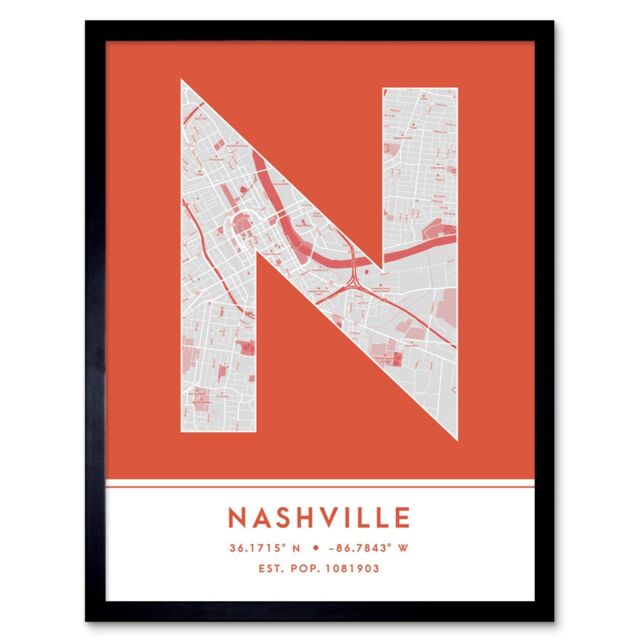 "Wee Blue Coo Wall Art Print Nashville Tennessee United States City Map Modern Typography Stylish Letter Framed Word in Orange - Size: W12"" x H16""" - image 1