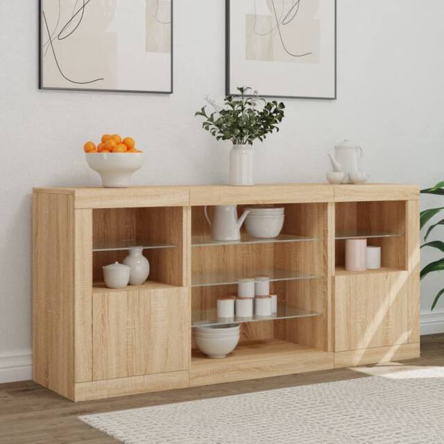 Berkfield Home Sideboard with LED Lights Sonoma Oak 142.5x37x67 cm in Light Tan - image 1