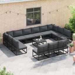 Berkfield Home Garden Sofa Set with Cushion with Pillow 14 pcs Black Aluminium - thumbnail 5