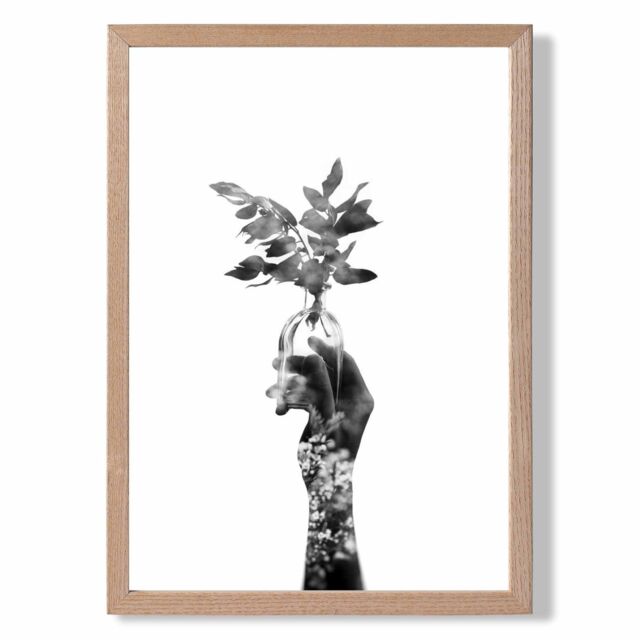 ARTZE Abstract Hand & Forest Fashion Black & White Photo Framed Print SIZE: A3 with Oak Frame - Size: A4 - image 1