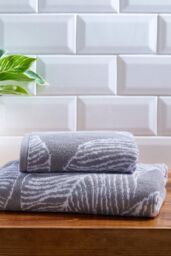 Fusion 'Matteo' Luxury 100% Cotton Leaf Motif Jacquard Towel in Grey - thumbnail 1