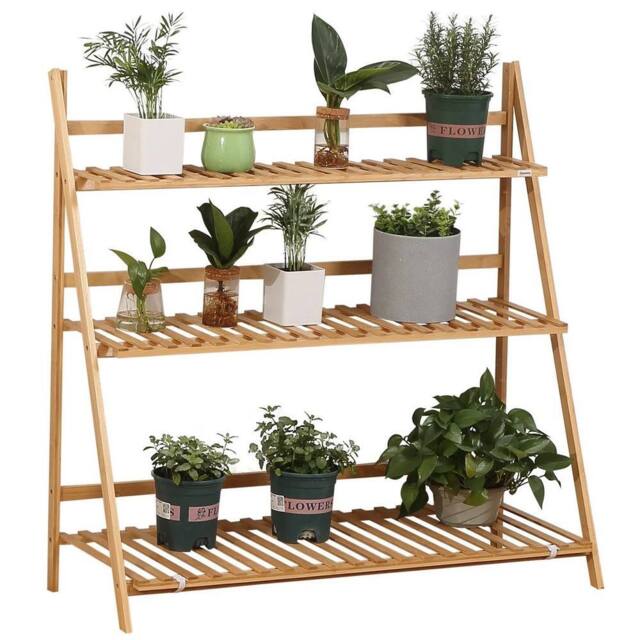 Kelvenix 3-Tier Folding Bamboo Plant Stand Display Rack in Natural - image 1