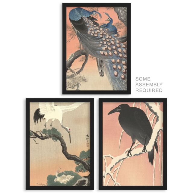 Artery8 A4 Wall Art & Frame Set of 3 Ohara Koson Birds Crow Crane Peacock - image 1
