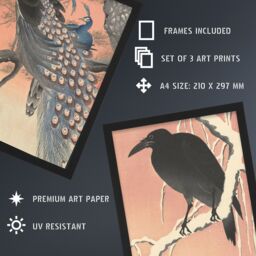 Artery8 A4 Wall Art & Frame Set of 3 Ohara Koson Birds Crow Crane Peacock - thumbnail 3
