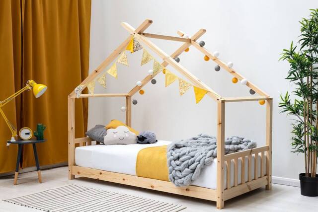 Crazy Price Beds Ltd Kids Canopy Wooden House Bed Frame in Natural - Size: Single