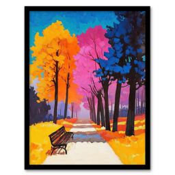 "Artery8 Park Bench Colourful Tree Path Vibrant Landscape Framed Art Print - Size: W12"" x H16""" - thumbnail 1