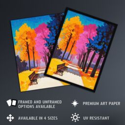 "Artery8 Park Bench Colourful Tree Path Vibrant Landscape Framed Art Print - Size: W12"" x H16""" - thumbnail 2