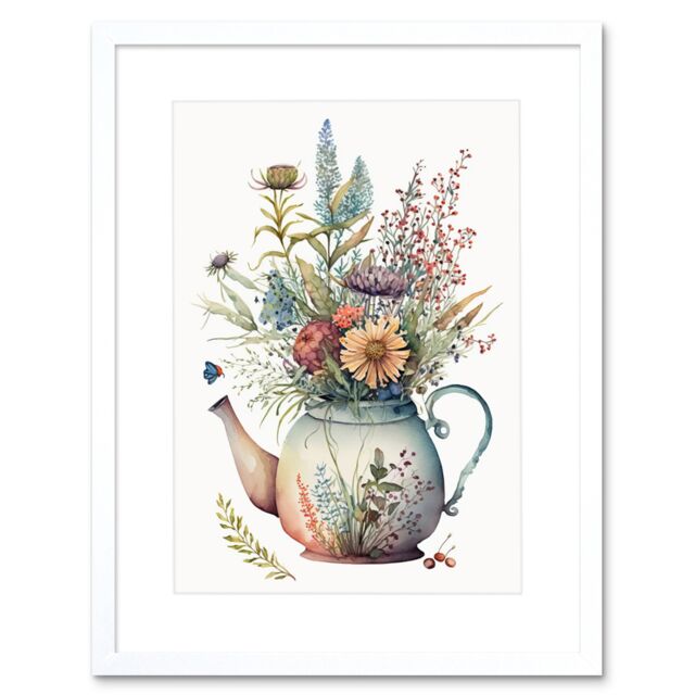 "Artery8 Wall Art Print Wildflower Floral Bouquet in China Pattern Teapot Artwork Framed 9X7 Inch in White - Size: W7"" x H9""" - image 1