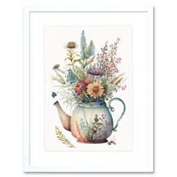 "Artery8 Wall Art Print Wildflower Floral Bouquet in China Pattern Teapot Artwork Framed 9X7 Inch in White - Size: W7"" x H9""" - thumbnail 1