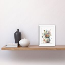 "Artery8 Wall Art Print Wildflower Floral Bouquet in China Pattern Teapot Artwork Framed 9X7 Inch in White - Size: W7"" x H9""" - thumbnail 2