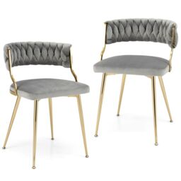 Costway Set of 2 Dining Chairs Upholstered Armless Velvet Accent Chair With Woven Back in Grey - thumbnail 1