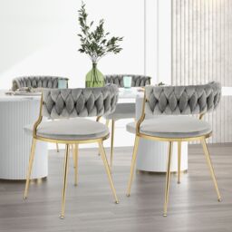 Costway Set of 2 Dining Chairs Upholstered Armless Velvet Accent Chair With Woven Back in Grey - thumbnail 6