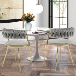 Costway Set of 2 Dining Chairs Upholstered Armless Velvet Accent Chair With Woven Back in Grey - thumbnail 5