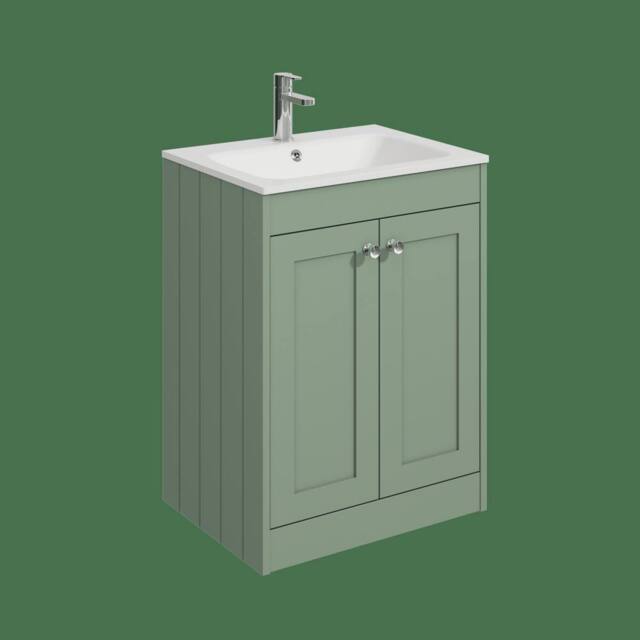 Balterley 600mm Floor Standing 2 Door Unit, Stone Basin 1 Tap Hole - Satin Green