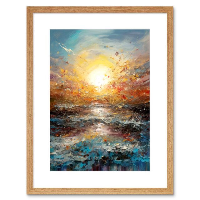"Artery8 Wall Art Print Sunrise at Sea Abstract Seascape Splatter Artwork Framed 9X7 Inch in Beige - Size: W7"" x H9""" - image 1