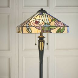 Loops 1.5m Tiffany Twin Floor Lamp Dark Bronze & Stained Glass Roses Shade i00029 in Clear - thumbnail 4