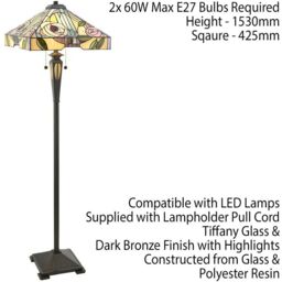 Loops 1.5m Tiffany Twin Floor Lamp Dark Bronze & Stained Glass Roses Shade i00029 in Clear - thumbnail 2