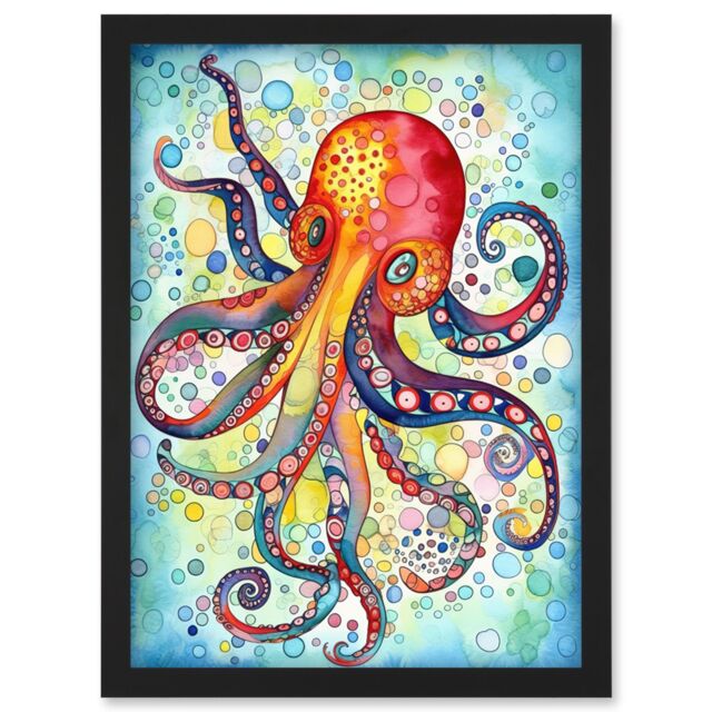 Artery8 Octopus Swimming In Air Bubbles Folk Art Watercolour Painting Artwork Framed Wall Art Print A4 in Black - image 1