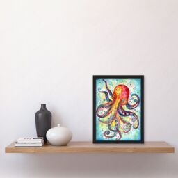Artery8 Octopus Swimming In Air Bubbles Folk Art Watercolour Painting Artwork Framed Wall Art Print A4 in Black - thumbnail 2