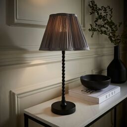 ValueLights Maeve Pleated Faux Silk Scallop Shade Matte Black Bobbin Table Lamp with Bulb in Dark Grey