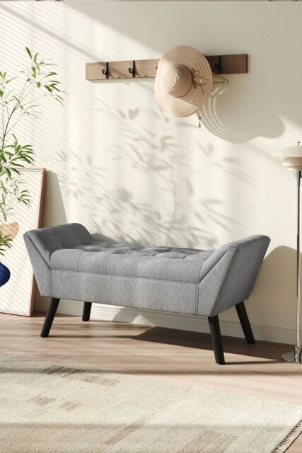 H&O Direct Buttoned Tufted Velvet Bench with Raised Arms in Grey - image 1