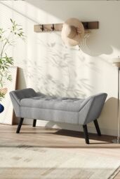 H&O Direct Buttoned Tufted Velvet Bench with Raised Arms in Grey