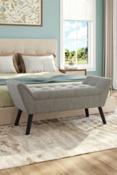 H&O Direct Buttoned Tufted Velvet Bench with Raised Arms in Grey - thumbnail 2