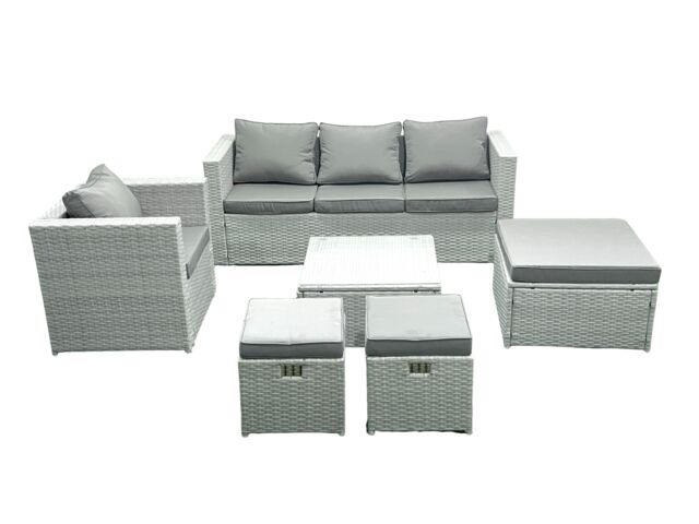 Fimous 6 Seater Rattan Garden Furniture Set with 3 Seater Sofa Chair Square Coffee Table 3 Footstools Light Grey Mixed - image 1