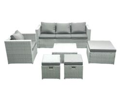 Fimous 6 Seater Rattan Garden Furniture Set with 3 Seater Sofa Chair Square Coffee Table 3 Footstools Light Grey Mixed - thumbnail 2